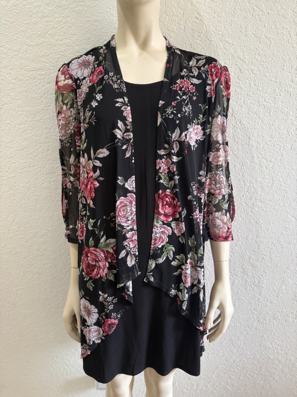 Black Floral Mini Dress with Open Cardigan